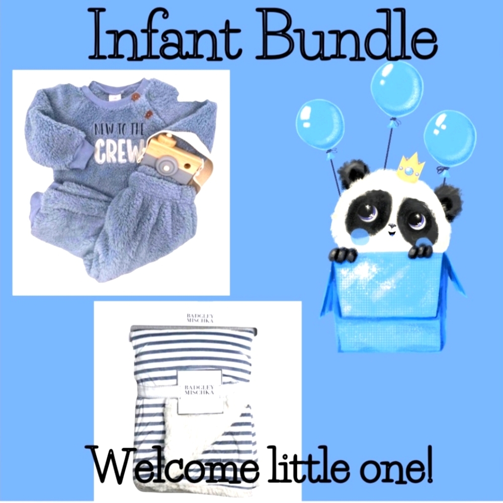 Kyle & Deena Baby Sherpa Top & Pants New Set 0-3 Months Blue White & Blanket